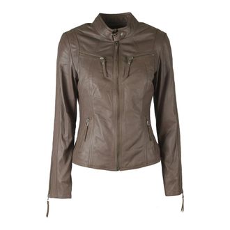 BTF-CPH Satin Beige Bikerjack met Zilveren Acc. - Dames - Leren en Su&egrave;de Jassen - Grijs - M - Leer - Jassen