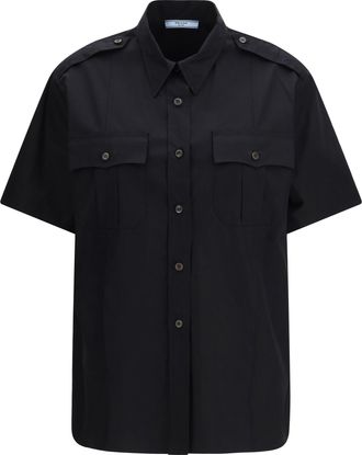 Prada Womens Shirt Short-Sleeve Poplin Black Cotton