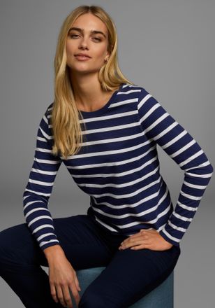 AJC Langarmshirt AJC, Damen, Gr. 32/34 (XS), blau (marine, wei&szlig;, gestreift), Single Jersey, Obermaterial: 100% Baumwolle, gestreift, figurbetont, Rundhals