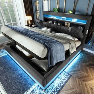 Matteo Upholstered Double Bed Frame - LED, USB Charging & Hydraulic Storage in Grey