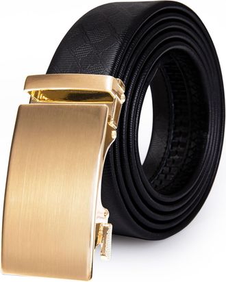 Barry.Wang Solid Gold Belt Black Leather Strap Waist Belt Buckle Automatic Business Mens Gift