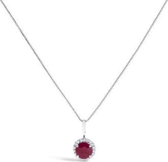 House of Brilliance 10K Gold Gemstone and 1/10 Cttw Diamond Accent Halo Pendant Necklace in White | Red Ruby at Nordstrom