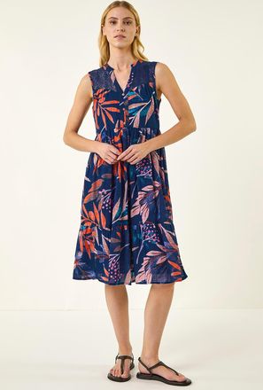 Roman Leaf Print V-Neck Tiered Dress