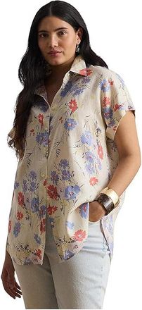 Lauren Ralph Lauren Plus Size Relaxed Fit Floral Short Sleeve Shirt Womens Clothing Cream : 1X, Linen