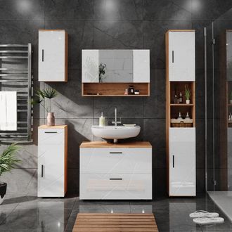 Vicco Conjunto De Muebles De Ba&ntilde;o Irma, Blanco Brillo Intenso/roble Dorado, 5 Piezas
