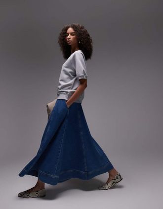 Topshop Gonna lunga ampia in denim blu medio