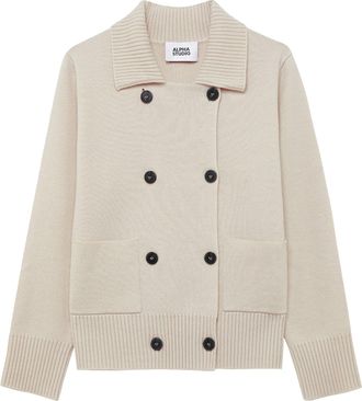 Alpha Studio Double-Breasted Wool Knit Jacket with Ribbed Edges