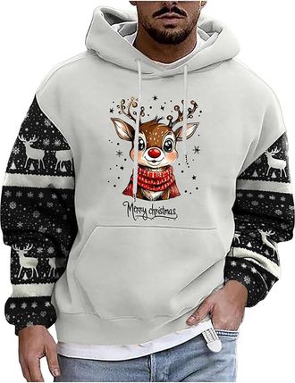 Generic Mens Christmas Hoodie Sweater Mens Jumperwith Christmas 3D Printed Reindeer Long Sleeve JumperLoose Tops with Pockets Xmas Hoody Festive Sweater (1-Wh