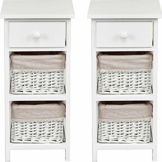 Costway Set de 2 Mesitas de Noche con Cajón y 2 Cestas de Almacenamiento Cajonera Mesa Auxiliar (Blanco) - Costway