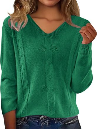 Generic Luxury Outfits for Women, Womens Pullover Sweaters Long Sleeve Cashmere V Neck Tops Casual Loose Fashion Trendy Texture Cable Knit Sweater Green XL