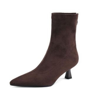 Generic Womens Suede Ankle Boots Pointed Toe Slim Stiletto Heels Side Zipper Stretch Knit Upper Soft Lining Cushioned Insole Durable Non-Slip Outsole,Brown,4.