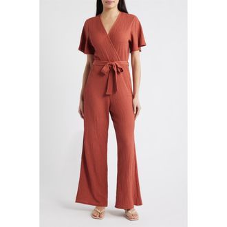 Loveappella Flutter Sleeve Textured Jumpsuit in Marsala at Nordstrom, Size X-Small