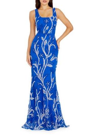Dress The Population Tyra Beaded Floral Chiffon Mermaid Gown in Electric Blue Multi at Nordstrom Rack, Size X-Small