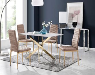 Furniturebox Leonardo White Glass Marble Effect Gold Leg Table & 4 Milan Gold Leg Chairs in Beige