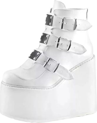 Generic Punk Gothic Ankle Boots For Women Motorcycle Boots Platform Wedge Boots Pumps Autumn Ladies Belt Round Lolita Punk Shoes(White,10.5US)