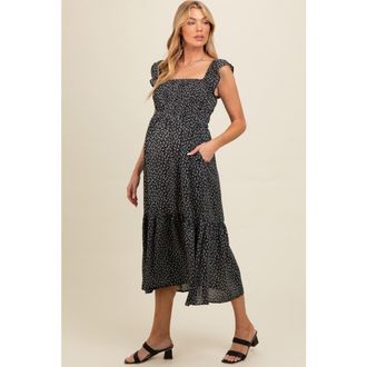 Pinkblush Ruffle Strap Smocked Mid Dress in Black at Nordstrom, Size Medium