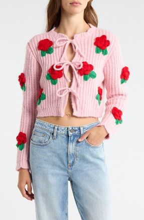 All in Favor 3D Flower Chunky Tie Front Cardigan in Pink at Nordstrom, Size X-Small