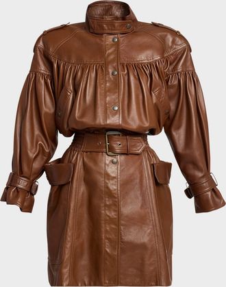 Chlo&eacute; Gathered Shiny Leather Belted Trench Coat