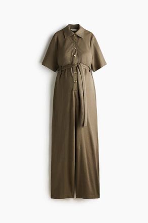 H&M Mama Short-sleeved Tie-belt Jumpsuit in Khaki Green at Nordstrom, Size Xx-Large