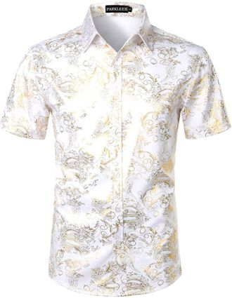 PARKLEES Mens Luxury Paisley Shiny Printed Slim Fit Short Sleeve Button Up Dress Shirt White Gold XXL