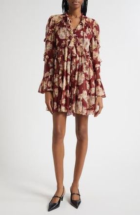 Cinq &agrave; Sept Mae Floral Print Ruffle Long Sleeve Chiffon Minidress in Wineberry Multi at Nordstrom Rack, Size 6