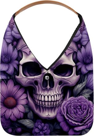 Generic Purple Flower Skull Reusable Lightweight Grocery Bags - Foldable Into Compact Pouch, Washable & Sturdy, Multipurpose for Shopping and Travel