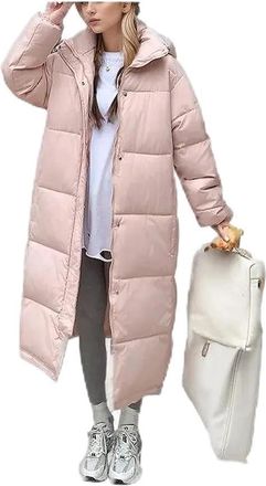 Generic Women Long Quilted Winter Coat Hooded Puffer Jacket Warm Long Sleeve Outerwear For Cold Weather Pink X-Large