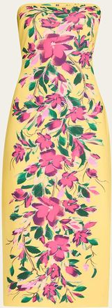 Badgley Mischka Strapless Floral-Print Bodycon Midi Dress