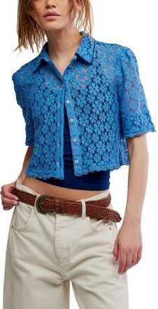 Free People Mannie Floral Lace Button-Up Crop Shirt in Blissful Blue at Nordstrom, Size X-Small