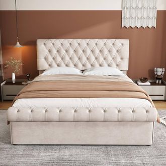 Merax 5ft King Size Beige Velvet Button Tufted Ottoman Bed