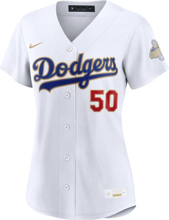Nike Mookie Betts Los Angeles Dodgers 2025 World Series Champion Gold Series Nike Womens MLB Stadium Jersey in White | RW260KQJ6LD-UMJ