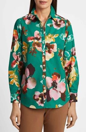Foxcroft Zoey Watercolor Floral Cotton Button-Up Shirt in Green Multi at Nordstrom Rack, Size 10