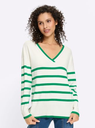 Heine V-Ausschnitt-Pullover HEINE Pullover, Damen, Gr. 34, grasgr&uuml;n, ecru, geringelt, 70% Viskose, 30% Polyamid, gemustert, gestreift, Pullover V-Ausschnitt