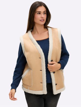 Sheego Lederimitatweste SHEEGO, Damen, Gr. 46, camel, 100% Polyester, Besatz:100% Polyester, gemustert, mehrfarbig, Westen Lederimitatweste