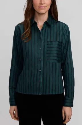 Foxcroft Jodie Stripe Cotton Button-Up Shirt in Deep Teal Green/black at Nordstrom, Size X-Small