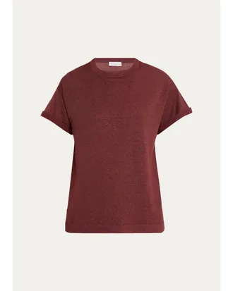 Brunello Cucinelli Shimmering Cashmere Short-Sleeve Crewneck Sweater