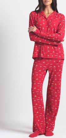 SKIMS Long Sleeve Button-Up Shirt & Pants Pajama Set in Cranberry Vintage Deer Print at Nordstrom, Size Xx-Small