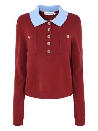 Self Portrait patch-pockets knitted polo top - Red