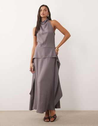 Asos Vestito lungo a doppio strato con scollo ad anello color antracite-Grigio
