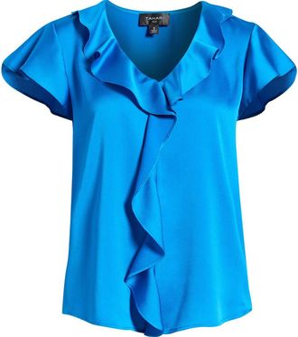 Tahari by ASL Ruffle Flutter Satin Top in Blue Jewel at Nordstrom, Size X-Large