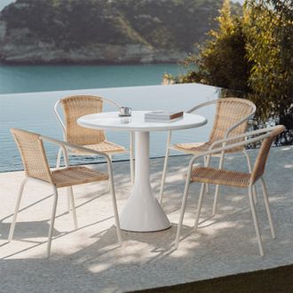 Sklum Set De Mesa Redonda &Oslash;90 Cm En Cemento Y Fibra De Vidrio Melody Y 4 Sillas De Jard&iacute;n En Acero Y Rat&aacute;n Sint&eacute;tico Kalyma Sklum