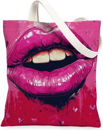Generic Artistic Lips Canvas Tote Bags, Vintage Heart Pattern Reusable Grocery Bags, Lightweight Washable Shoulder Strap Canvas for Shopping Travel Beach Picn