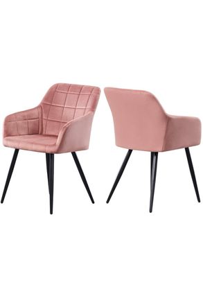 Life Interiors Set of 2 Camden Modern Velvet Dining Chairs with Armrests, Quilted Design & Black Metal Legs in Pink
