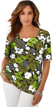 Jessica London Stretch Cotton Square Neck Tee in Dark Lime Layered Flowers at Nordstrom, Size 16