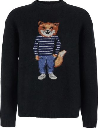 Maison Kitsun&eacute; Dressed Fox Intarsia Wollen Trui - Heren - Ronde hals truien - Zwart - XL - Wol - Truien & Vesten