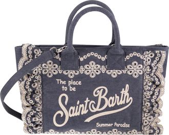 MC2 Saint Barth katoenen canvas draagtas met bloemenborduurwerk en ruches
