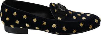 Dolce & Gabbana Elegante Fluwelen Loafers met Kroonborduursel - Dames - Loafers - Zwart - 39 EU - Katoen - Schoenen