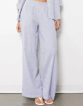 bobi Wide Leg Pant With Smocked Waist In Blue Stripe