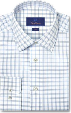 David Donahue Fit Dobby Check Cotton Dress Shirt in White/sky at Nordstrom, Size 14.5 - 32