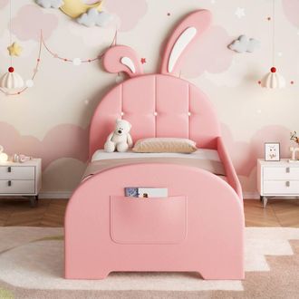 Merax 3ft Single PU Leather Bunny Upholstered Bed Frame for Children in Pink